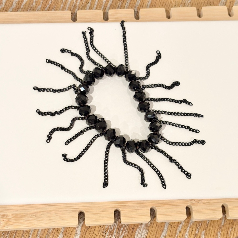 Black Beaded Expandable Bracelet Fringe Chain Statement Stretch Gothic Boho